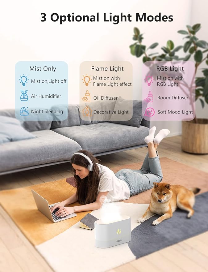 PIZAY Air Humidifier, Essential Oil Diffuser with Led Flame Light - 7 Colors, 180mL Capacity (8 Hours), Noiseless Operation, Auto-Off Protection - Perfect for Home Bedroom Office Gifts(White)