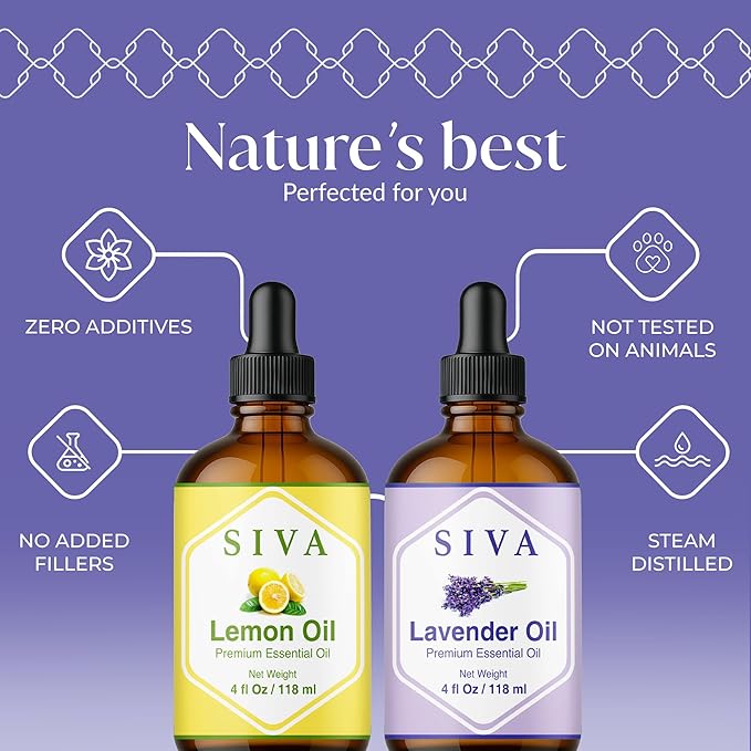 Siva Lemon and Lavender Essential Oil 4oz Bundle Super Saver Combo – Premium Grade Value Set for Aromatherapy, Skincare and Haircare