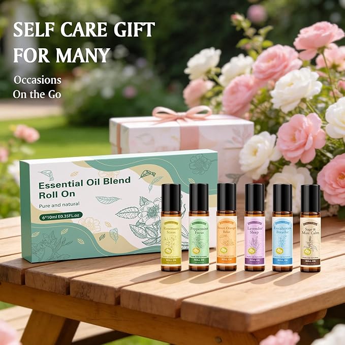 Essential Oil Roll On for Self Care - Aromatherapy Oil Gift for Women Men, Portable Aromatherapy Blend for Relaxation - Self Care Gifts for Women Valentines Birthday Christmas Moms Day -6 x 10ml