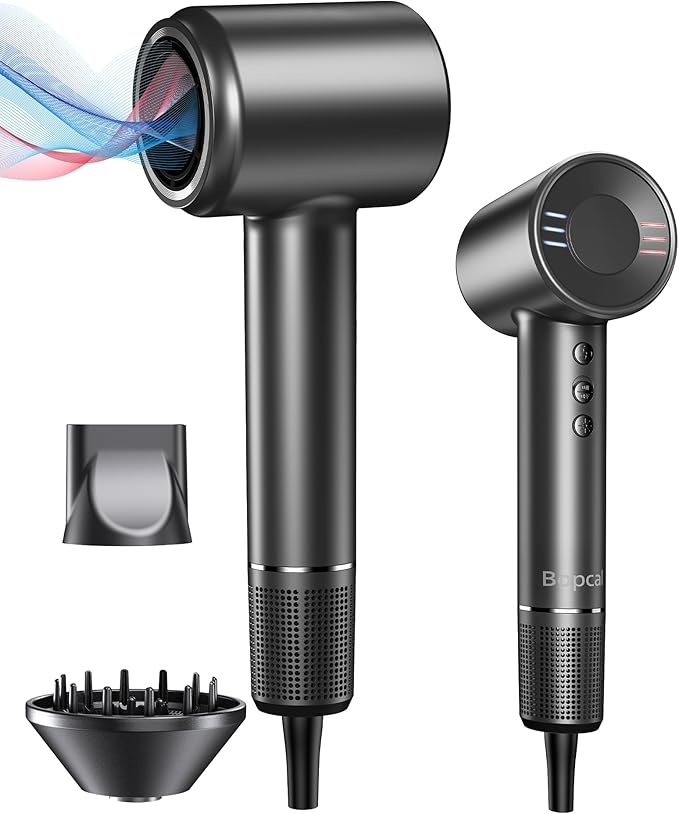 Bopcal Hair Dryer, Ionic Hair Dryer with Diffuser, 150,000 RPM Professional High-Speed Blow Dryer, 500M Negative Ions Fast Drying, Lightweight Low Noise for Curly & Straight Hair, Travel Friendly