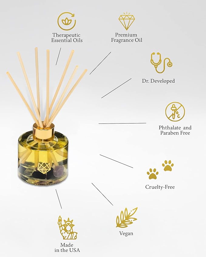 Crystal Infused Reed Diffuser, 4 OZ, Calm - Sodalite Crystal Infused - Scents of Chamomile, Howood, & Sage - Home Decor, House Warming, Room Aesthetic, Stick Perfume, Coffee Table