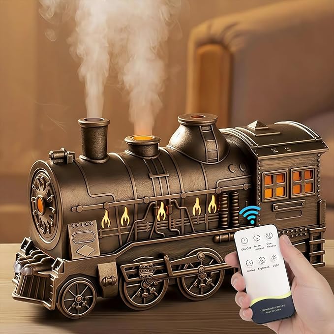 Christmas Train Diffusers for Essential Oils with Remote Control, 300ml Vintage Aroma Air Steam Train Humidifier, 2-Color Led Light
