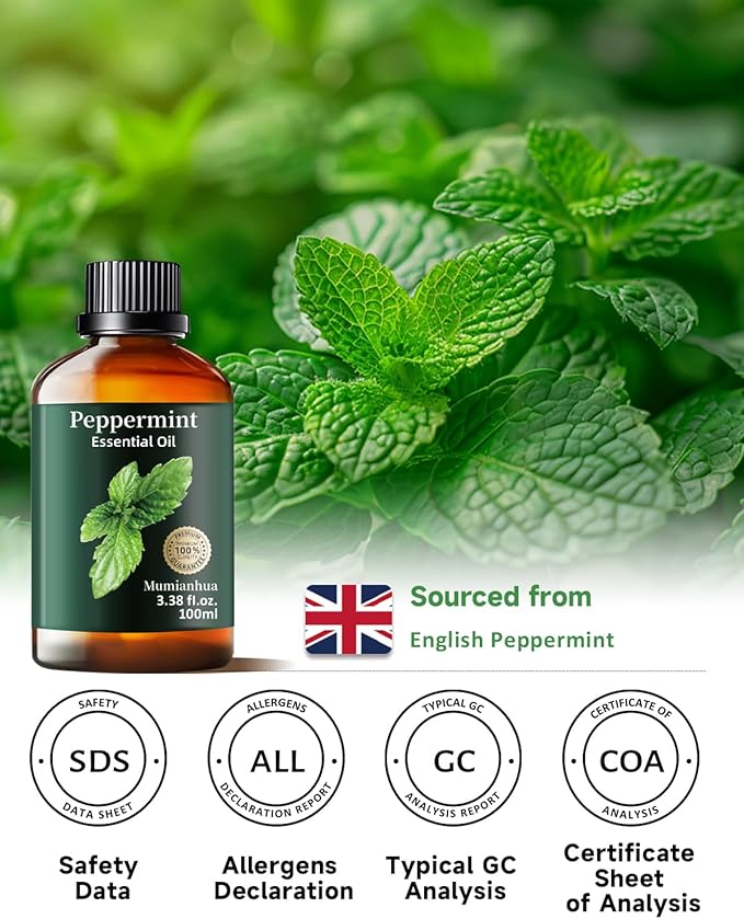 Peppermint Essential Oil,Mumianhua Pure Peppermint Oil, Steam-Distilled for Energy Focus & Soothing, Cooling Relief Oil for Diffuser, Skin,Hair & Natural Cleaning, 3.38 Fl Oz