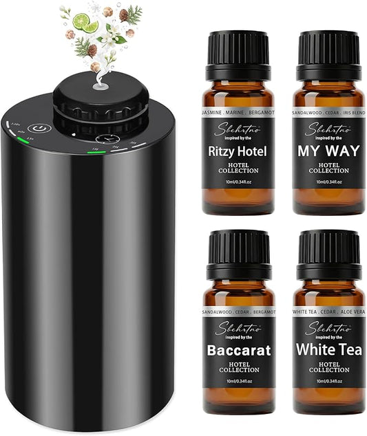 Hotel Scent Diffuser Kit – Waterless Essential Oil Diffuser with 4 Luxury Fragrance Oils, Cold Air Aroma Diffuser for Home, Bedroom, Office & Car (Hotel Scent Diffuser Kit with 4 Fragrance Oils)