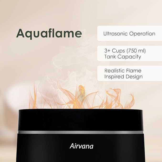 Airvana AquaFlame Ultrasonic Humidifier (.75L / .20 Gal) - Vibration Technology Humidifier with Essential Oil Diffuser – Tabletop Design for Personal Use, Dorm Rooms, & Desks - Taupe