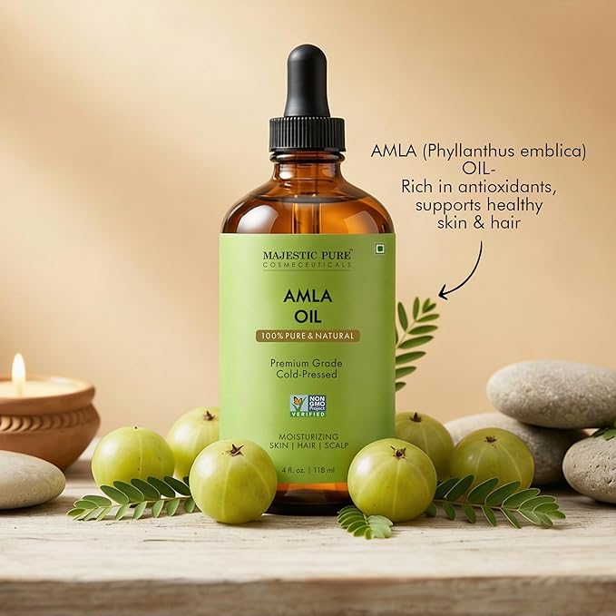 Majestic Pure Amla Oil 4oz (118ml) Premium Carrier Oil with Dropper for Hair Care, Hair Oiling, Scalp Massage, & Skin Care