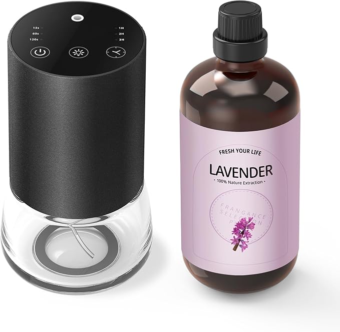 Waterless Essential Oil Diffuser with 120ML Pure Plant Essential Oil, 100ML Large Capacity Battery Operated Cordless Aromatherapy Diffuser with Timing & 3 Mist Levels car Diffuser 7 Colour Led Lights