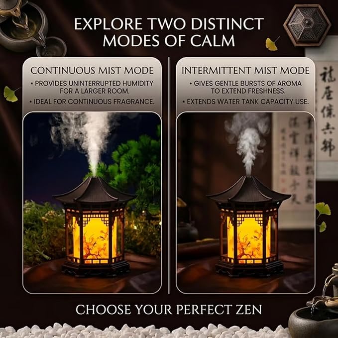 Zen Pavilion Lantern Aroma Diffuser & Night Light - 160ml Essential Oil Diffuser with 2 Mist Modes - Japanese Style Zen Garden Humidifier for Yoga, Meditation, Spa & Sleep - Warm/White Light (Light)