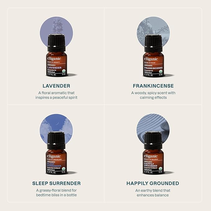Cliganic Serenity Essential Oils Starter Kit with Diffuser Set for Aromatherapy, Home & Office (White)