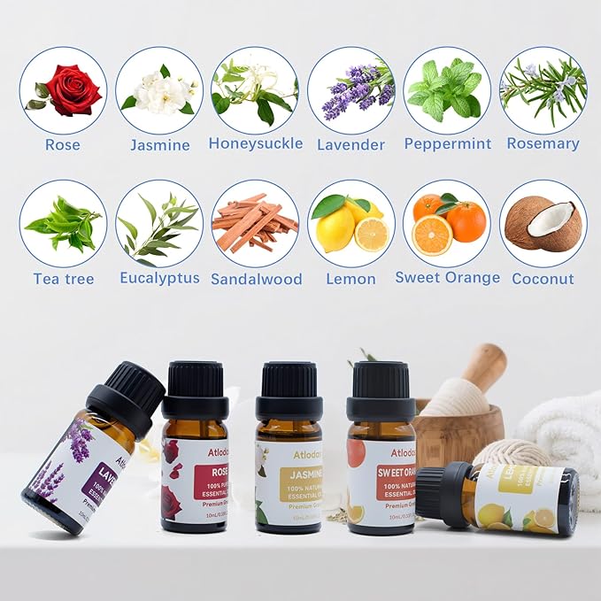 12 Natural Essential Oils Set, Organic Fragrance Oil Essential Oils for Diffuser for Home, Candle Scents, Aromatherapy - Lavender, Eucalyptus, Tea Tree, Rose, Vanilla, Sandalwood and More