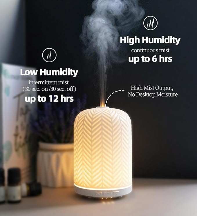 Essential Oil Diffuser - 2.4MHz Ultrasonic Ceramic Diffuser with Pulse/Continuous Mist & Night Light, Waterless Auto-Off, Silent Aromatherapy Diffuser for Home, Office, Yoga, Spa, Gifts & Home Decor.