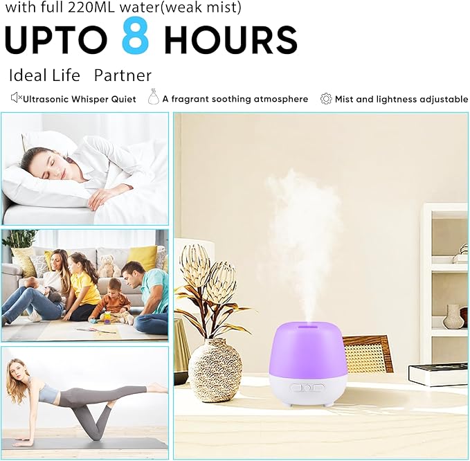 HAPPTWS 220ml Essential Oil Diffuser, Upgraded Diffusers for Essential Oils Aromatherapy Diffuser Cool Mist Humidifier with 7 Colors Lights 2 Mist Mode Waterless Auto Off for Home Office Room - White