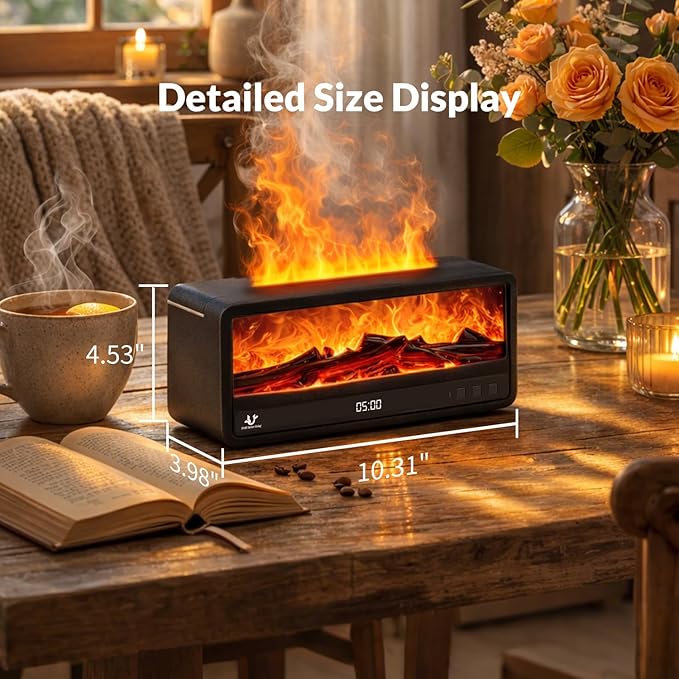 Fireplace Flame Humidifier with Magnetic Remote, 250ml Flame Diffuser, 7-Color Ambient Light, Quiet Aromatherapy Humidifier for Bedroom & Home Decor（matte black）