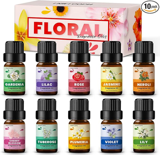 Floral Essential Oils, INWICOPH Flower Fragrance Oil for Candle Making - Rose, Jasmine, Neroli, Gardenia, Lilac, Plumeria and More, Aromatherapy Oils for Diffusers for Home