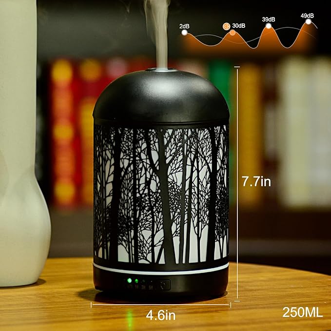 250ML Essential Oil Aromatherapy Diffuser for Home Bedroom Office Metal Hollow Decorative Room Ultrasonic Air Scent Mist Aroma Diffuser -Black