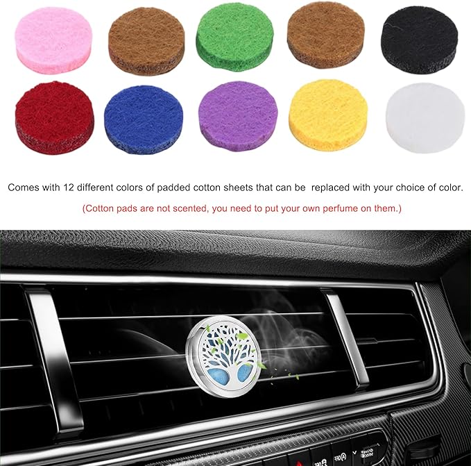 KVAEY 2PCS 30mm Car Diffuser Vent Clips, Tree of Life Aromatherapy Essential Oil Diffuser Locket with 12 Felt Pads, Stainless Steel Car Diffuser Locket Air Freshener (Style 2)