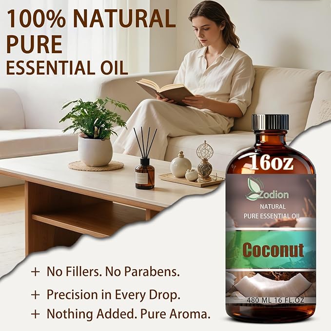Coconut Essential Oil, 16 fl oz (480ml) - ZODION Coconut Fragrance Oil for Diffuser, Massage, Humidifier, DIY Candle, Soap Making, Home, Bath, Yoga