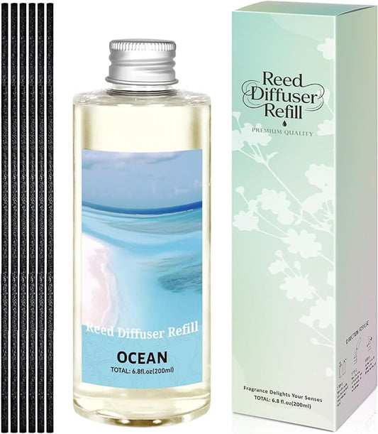 STRN Reed Diffuser Oil Refill, Ocean Scented Diffuser Oil Refills with 6 Reed Sticks 200ML(6.8fl.oz), Room Fresheners for Home, Long-Lasting Fragrance for Living Room, Bedroom, Office, Home Décor