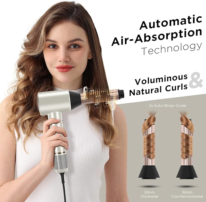 PARWIN PRO BEAUTY Air-Sonic Hair Dryer with Diffuser, HD-LED Display & 110, 000 RPM High Speed Ionic Blow Dryer, 1 1/4 Inch Left & Right Air Auto-Wrap Curlers, Champagne Silver Professional Version