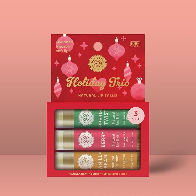 Holiday Stocking Stuffer Lip Balm Set: All-Natural Shea Butter, Beeswax, Coconut Oil, & Vitamin E Infused Lip Care (3 Pack, Holiday Trio)