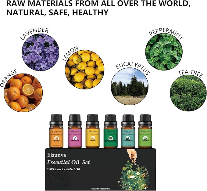Essential Oils Aromatherapy Set - 6 Oils for Diffusers, Home Care, Candle Making Scents, Fragrance, Humidifiers,Tree Eucalyptus Lavender Orange Peppermint Lemon Gifts (6 * 10mL)