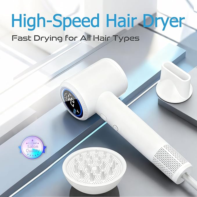 HD Display Hair Dryer: 150000 RPM High Speed Brushless Motor, Fast Drying & 200M Negative Ionic Blow Dryer, Smart Temperature Control, 51db Low Noise, Magnetic Diffuser & Nozzle for All Hair Types