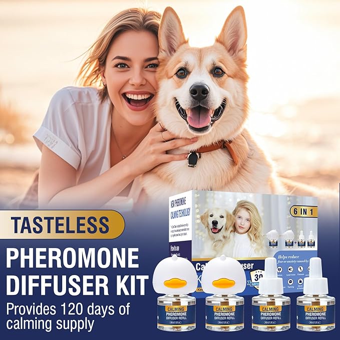 Dog Calming Pheromones Diffuser to Calm for Anxiety Relief Reduce Aggression Fighting Barking Stress 6 in 1 Kit Appeasing Pheromone Diffuser 120 Day Supply(Tasteless)