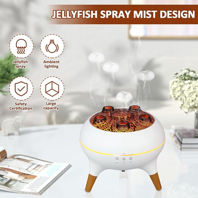 Essential Oil Diffuser 7 Color, 250 ML Jellyfish Diffuser Humidifier Volcano Diffuser with 5 Mist Outlet, Dynamic Aromatherapy Diffuser, Automatic Power Off Function for Home Bedroom Office Hotel