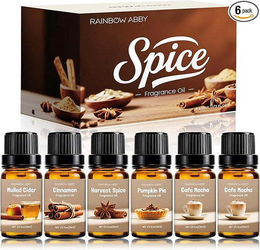 Spice Fragrance Oils Set, RAINBOW ABBY Fall Essential Oil Set for Diffuser, Candle, Soap Making, Pumpkin Pie, Harvest Spice, Gingerbread, Cinnamon, Mulled Cider, Cafe Mocha, Scented Oils, 6x10ml