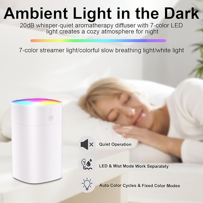 400ml Small Diffuser - Small Oil Diffuser for Desk, Portable Mini Humidifier Aromatherapy Diffusers with 2 Spray Modes, Waterless Auto-Off Essential Oil Diffusers with 7-Color Night Light for Bedroom