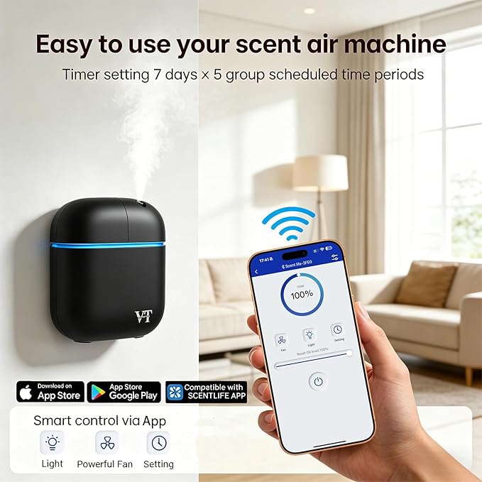 Waterless Essential Oil Diffuser 3000 Sq.Ft,Home Hotel Office Use,Cold Air Scent Machine,(Scent Kit 2*Fragrances Included) Bluetooth App Control,LED Light,Wall-Mounted Aroma Diffuser
