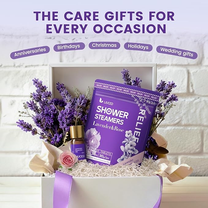 Shower Steamers Aromatherapy - 14 Pack Lavender & Rose Shower Bombs and 5ml Natural Lavender Essential Oils, Mothers Day Gifts for Mom Wife, Self Care Stress Relief Gifts for Women Her