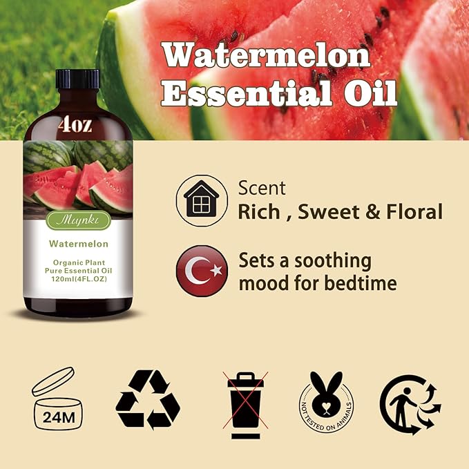 Watermelon Essential Oil – MLYNKL Watermelon Oils 4.33 fl oz for Diffusers, Humidifiers, Massage, DIY Candles, Soap, Cleaning, Home, Yoga, Office, Gifts - 130 ml