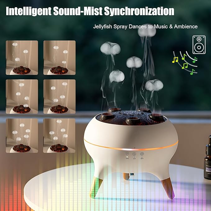 Essential Oil Jellyfish Diffuser, Aromatherapy Diffuser, 250ml Ultrasonic Cool Mist Humidifier, Music Sync Jelly Fish Diffuser with 7 Colors Light, Remote, Timer for Home Office (White)