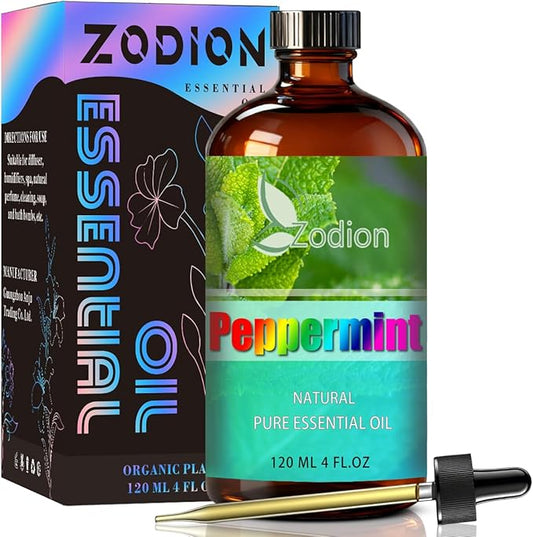 Peppermint Essential Oil, 4 fl oz (120ml) - ZODION Peppermint Fragrance Oil for Diffuser, Massage, Humidifier, DIY Candle, Soap Making, Home, Bath, Yoga