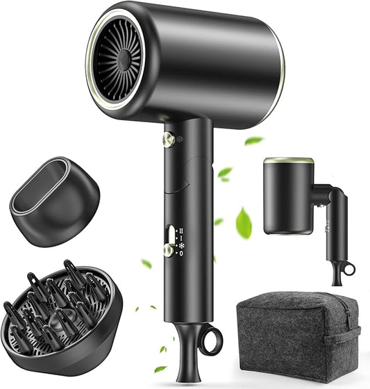 Hair Dryer, 150000RPM Ionic Blow Dryer - Fast Drying, Low Noise, Foldable Portable with Diffuser and Nozzle, Compact Mini for Women and Men, Home and Travel (Black)
