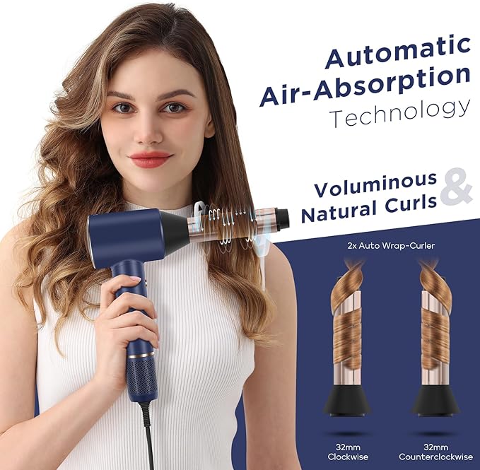 PARWIN PRO BEAUTY Air-Sonic Hair Dryer with Diffuser, HD-LED Display & 110, 000 RPM High Speed Ionic Blow Dryer, 1 1/4 Inch Left & Right Air Auto-Wrap Curlers, Prussian Blue Professional Version