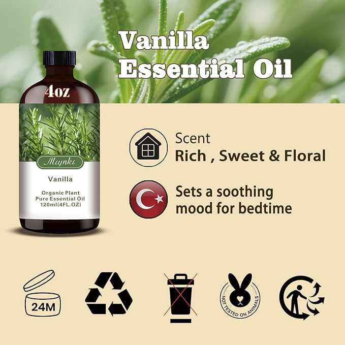 Vanilla Essential Oil – MLYNKL Vanilla Oils 4.33 fl oz for Diffusers, Humidifiers, Massage, DIY Candles, Soap, Cleaning, Home, Yoga, Office, Gifts - 130 ml