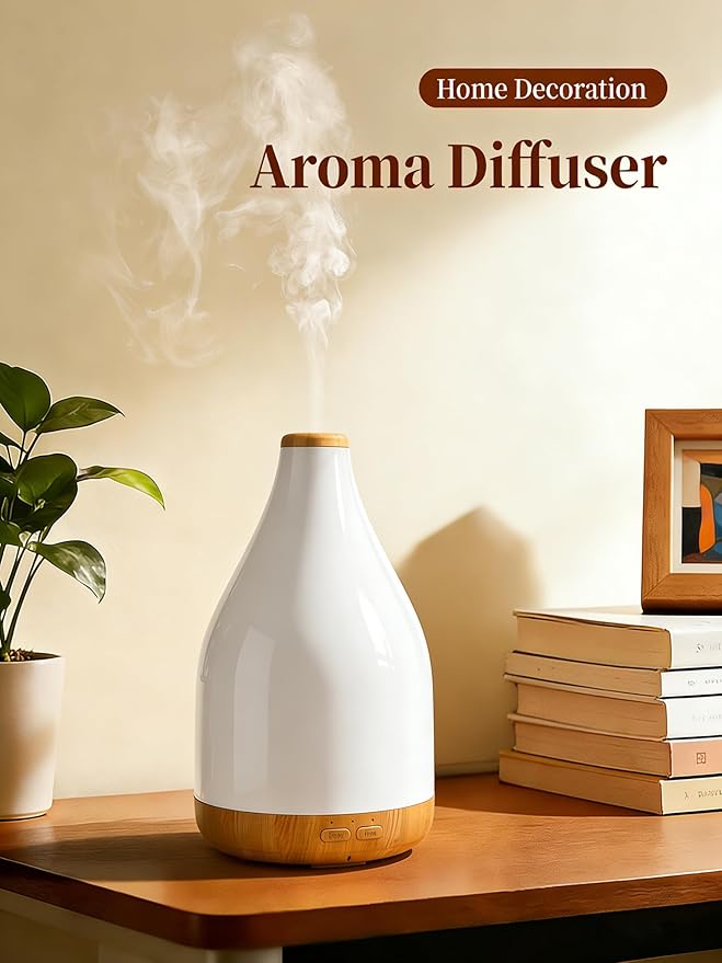 300ML Essential Oil Diffuser, Quiet Aromatherapy Diffuser Mist Humidifier with 7 Colors Light, Auto-Off, 1H/3H/6H Timer, Ultrasonic Room Scent Diffuser for Home, Office, Brown (No Remote)