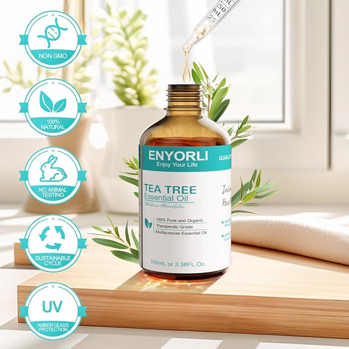 Tea Tree Essential Oil 3.38 fl oz (100ml), Natural Oil for Diffuser, Hair & Scalp Care, Skin Moisturizing, Nail Care & DIY Use, Daily Care for Women and Men