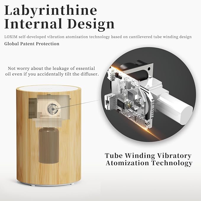 LOXIM Klein Essential Oil Diffuser, Waterless with 4 Time Setting&3 Adjustable Mist, Real Bamboo, Noiseless Aroma Diffuser for Large Room Office Home Car Spa (LX-08)