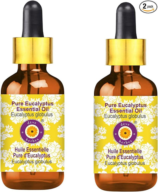 Deve Herbes Pure Eucalyptus Essential Oil (Eucalyptus globulus) with Glass Dropper Steam Distilled (Pack of Two) 100ml X 2 (6.76 oz)