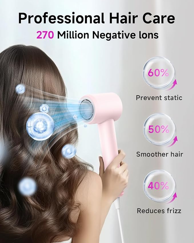 Professional Hair Dryer with Diffuser for Curly Hair, 400M Negative Ionic Blow Dryer for Fast Drying, 120,000 RPM High-Speed Brushless Motor, Low Noise Lightweight, Travel-Friendly (Pink)