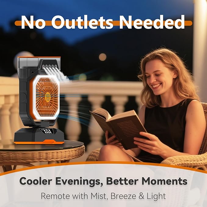 Desk Fan 5 Sprayers Rechargeable Misting Fan for Camping & Home – 6 Speed Portable Cooling Fan with Mist 560ml Water Tank Aromatherapy Diffuser Timer 27000mAh Fast-Charging Battery (Black & Orange)