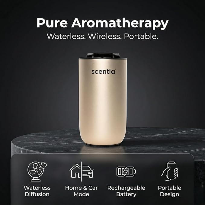 Scentia MiniPod Gold Waterless Diffuser for Essential Oil, Smart Car Air & Home Freshener with 3 Mist Levels & LED Light, Auto On/Off Rechargeable, Portable Scent Air Machine