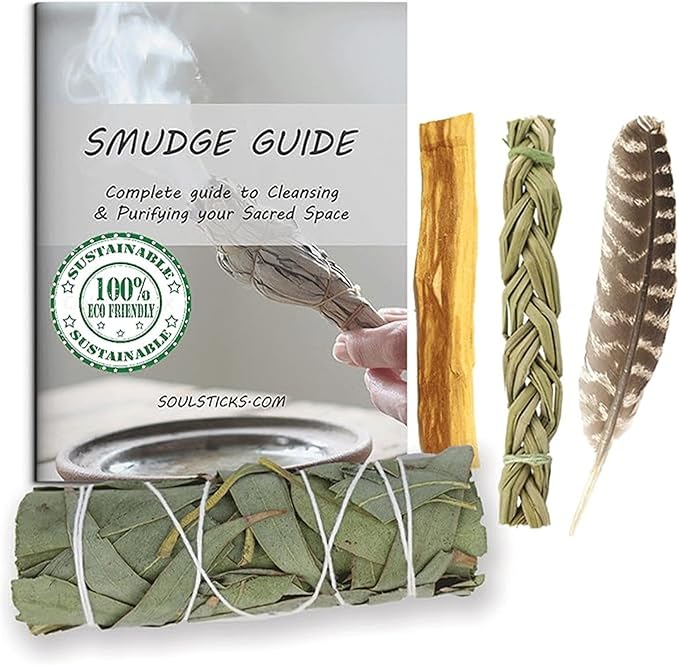 Ancient VEDA Organic Smudge Kit –Eucalyptus, Palo Santo, Sweetgrass Braid, Feather & Smudge Guide | Home Cleansing Kit for Meditation, Yoga, Energy Healing & Gift (Starter Kit, Eucalyptus Sage)