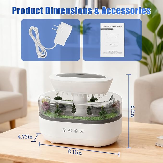 Essential Oil Diffuser 250ML Air Humidifier with 7-Color Adjustable LED Ambient Light,Water Drip Sound,Micro Landscape,Ultrasonic Quiet Mist,Ideal for Bedrooms,Offices & Plants (White)