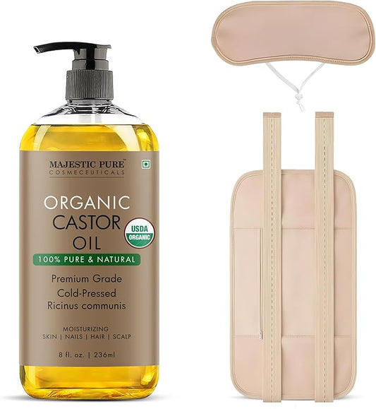 Majestic Pure Oil - 100% Pure and Natural- Cold Pressed & Hexane Free Natural Hair Growth Oil for Eyelashes, Eyebrows, Skin, Body, Face, Nails & Scalp - Organic Castor Oil 8 Fl Oz with Reusable Wraps