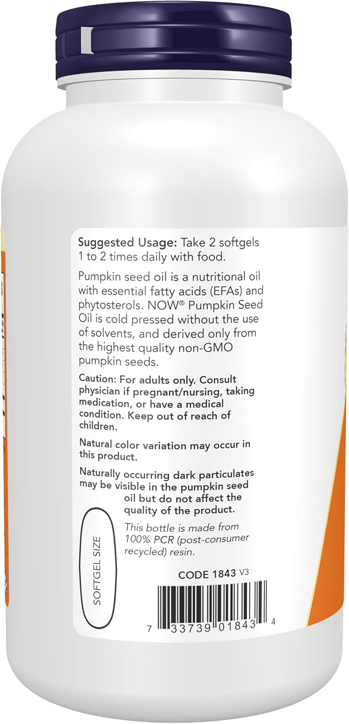 NOW Supplements, Pumpkin Seed Oil 1000 mg with Essential Fatty Acids and Phytosterols, Cold Pressed, 200 Softgels