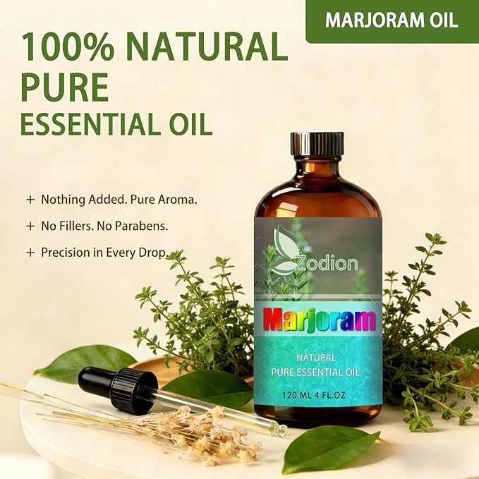 Marjoram Essential Oil, 4 fl oz (120ml) - ZODION Marjoram Fragrance Oil for Diffuser, Massage, Humidifier, DIY Candle, Soap Making, Home, Bath, Yoga
